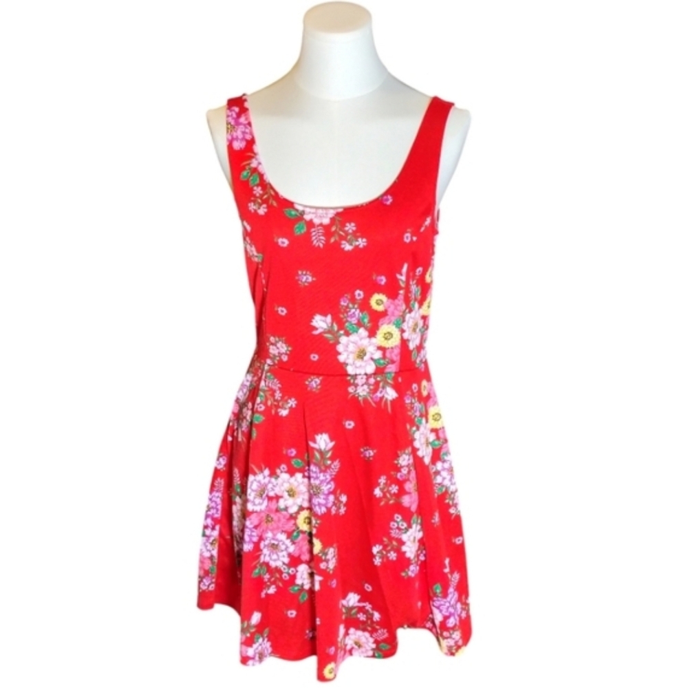 Vintage H&M Divided Bright Red Pink Multicolor Floral Tank Mini Dress Size 10
